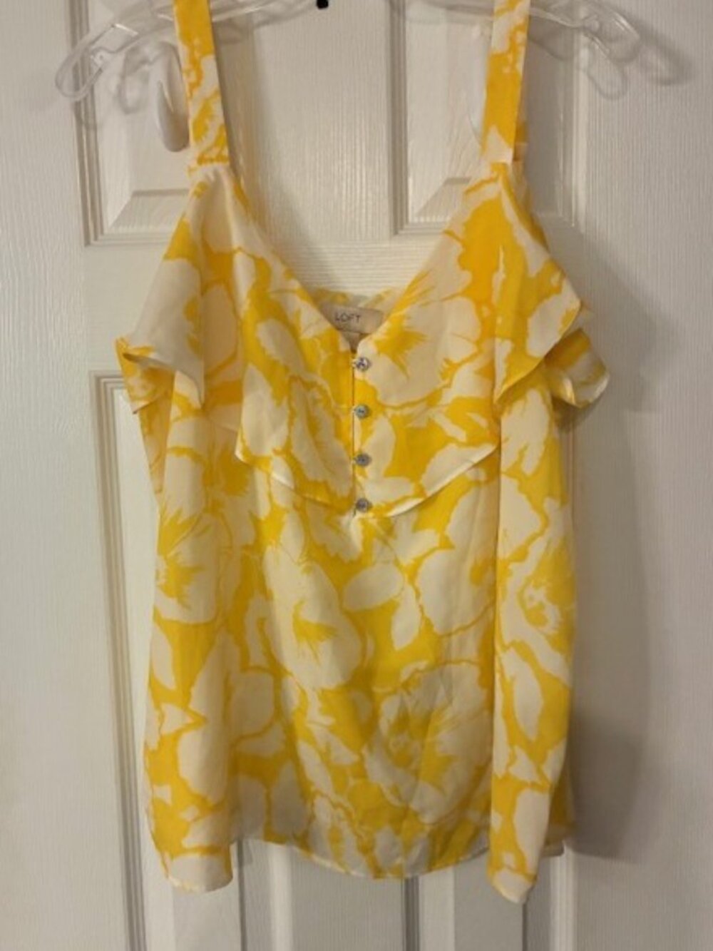 Loft Women's Yellow White Floral Flowy Feminine Ruffle Sleeveless Tank Top Sz XL